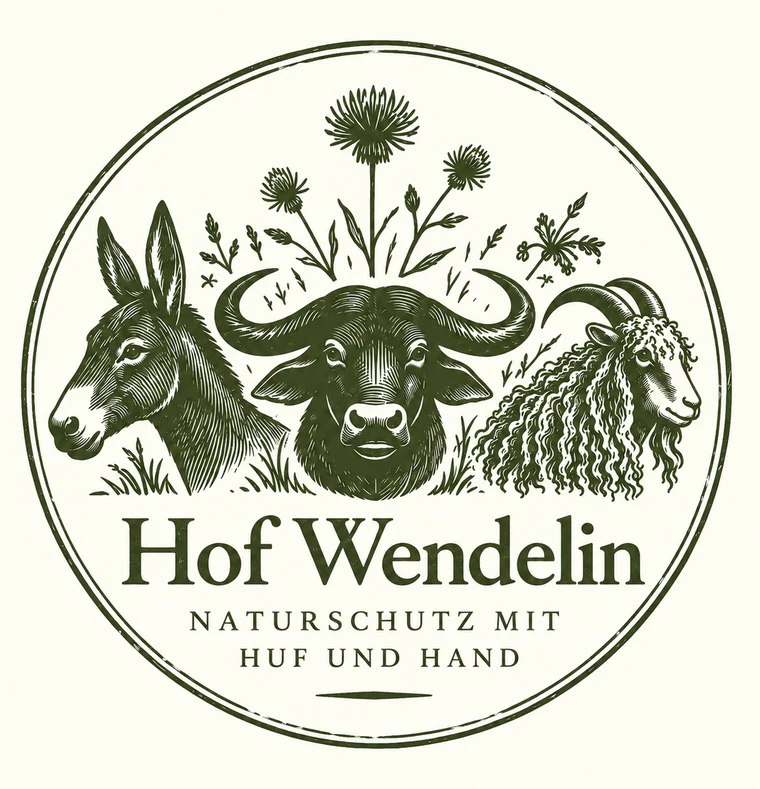 Logo Hof Wendelin: Esel, Wasserbüffel und Ziege. Naturschutz mit Huf und Hand